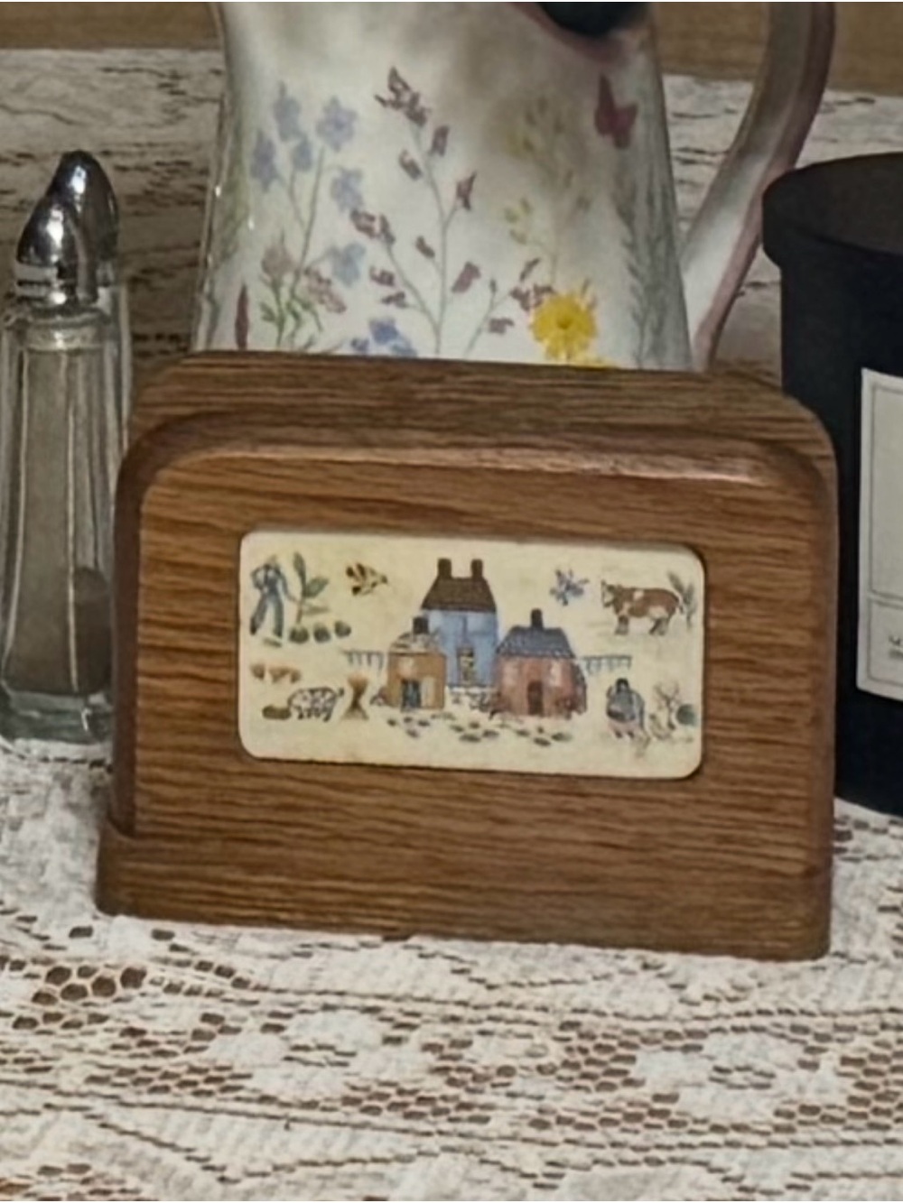 Farmhouse Brown Wood Napkin Holder with Cottage Tile Accent